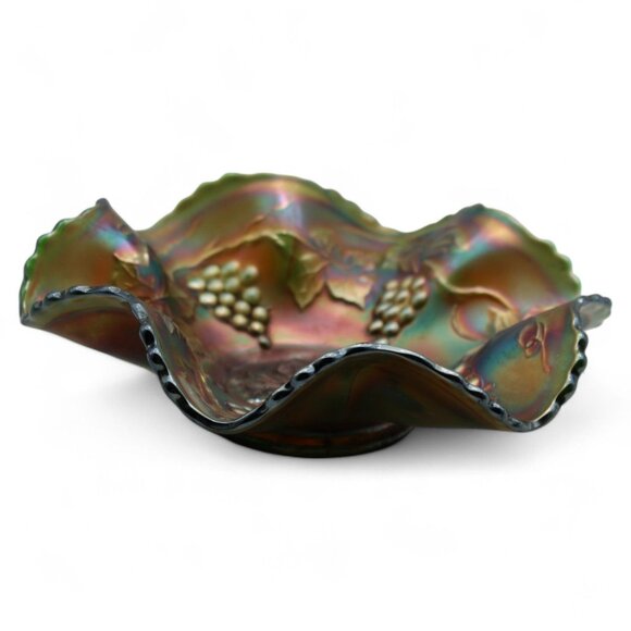 Vintage Fenton Carnival Glass Grape & Vine Ruffled Bowl - Picture 5 of 5